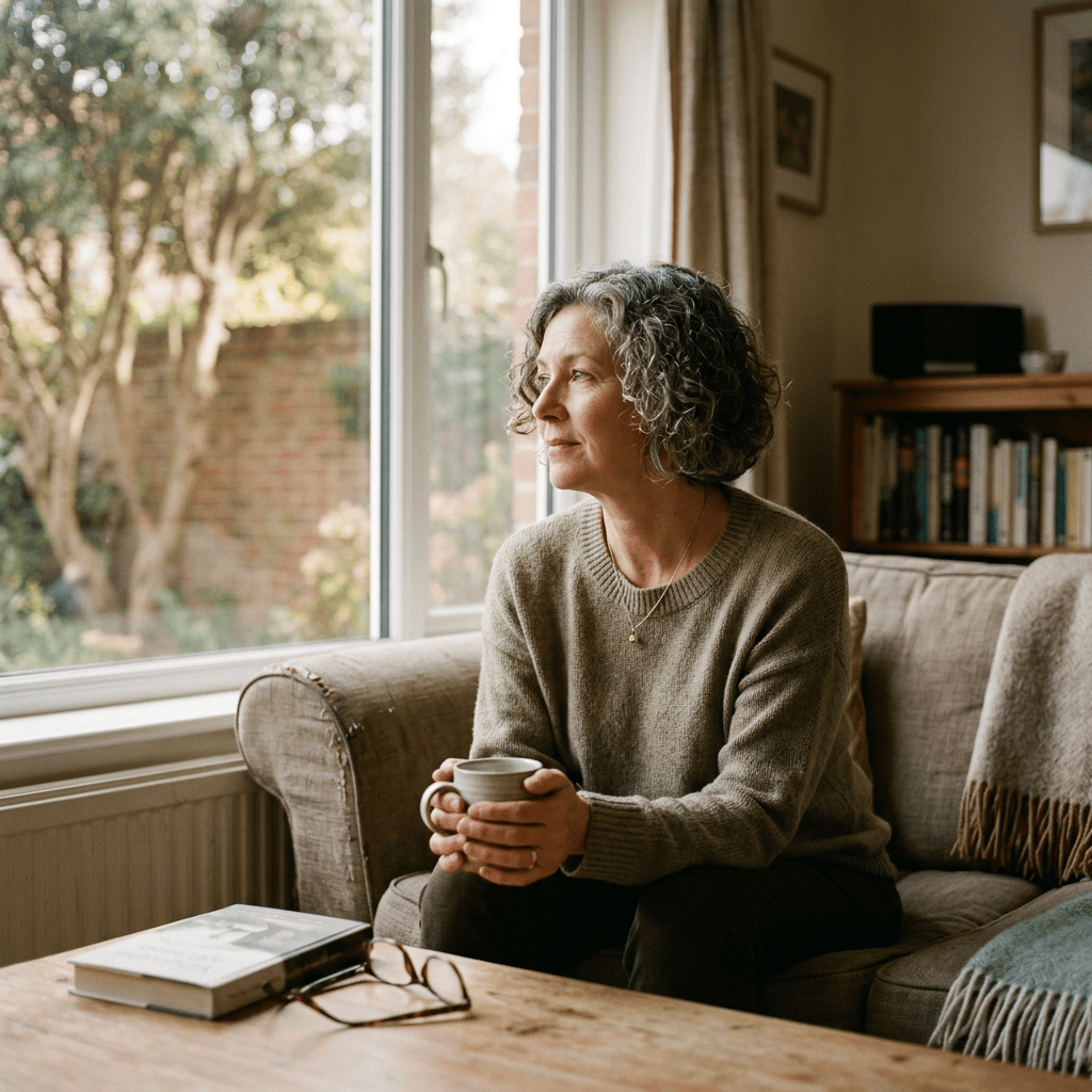 Woman holding a cup of tea while seated on a sofa by a window