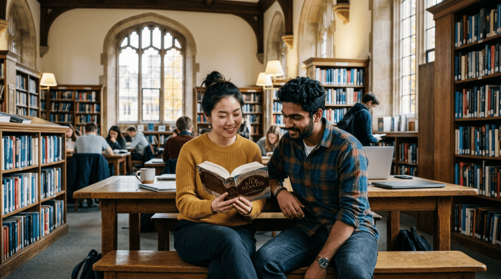 Two students reading together in a historic library